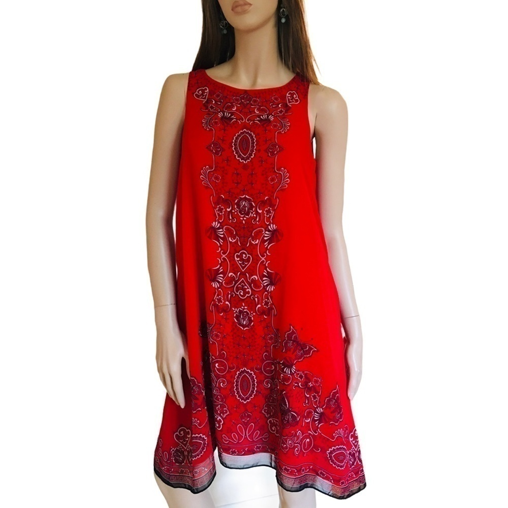 MAX Studio Asymmetrical Handkerchief Hanky Hem Red Graphic Print Butterflies